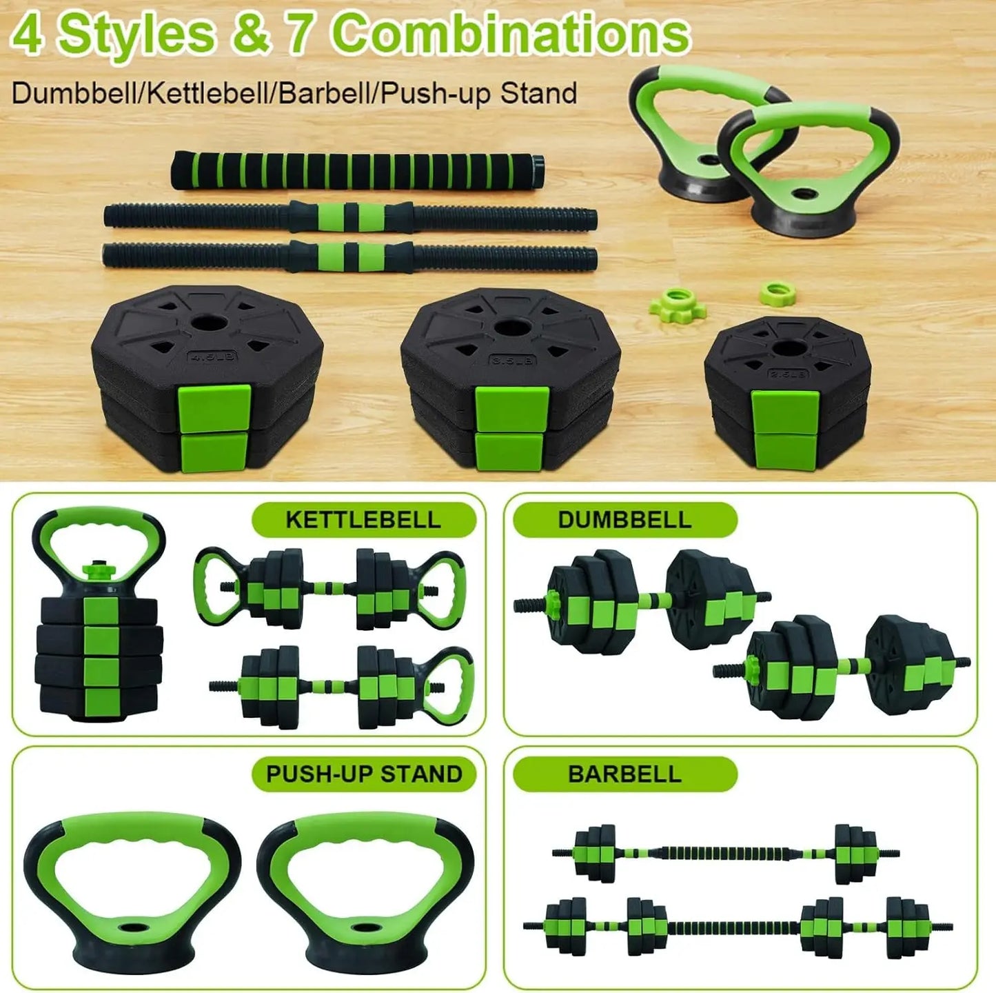 4 in 1 Adjustable Set Used as Kettlebells, Barbell, Push up, Stand